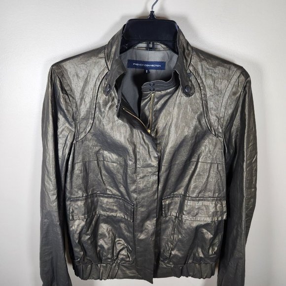 French Connection Bomber Jacket Womens Olive Green Metallic Coated Linen Y2K - Picture 2 of 13